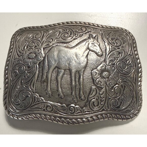Other - Vintage Horse Design Western Belt Buckle Silver-Tone Floral Engraving 3" x 2.50"